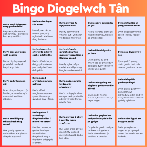 Trivallis Housing Landlord Wales A bingo card titled "Bingo Diogelwch Tân" with multiple safety-related statements in Welsh. Each square contains different phrases about fire safety actions like testing alarms, keeping exits clear, and using appliances safely. The background is color-coded.