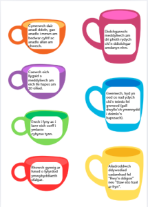 Trivallis Housing Landlord Wales An image of six colorful mugs, each containing Welsh text with self-care messages. The mugs are pink, purple, yellow, green, red, and orange, arranged vertically on a plain background.