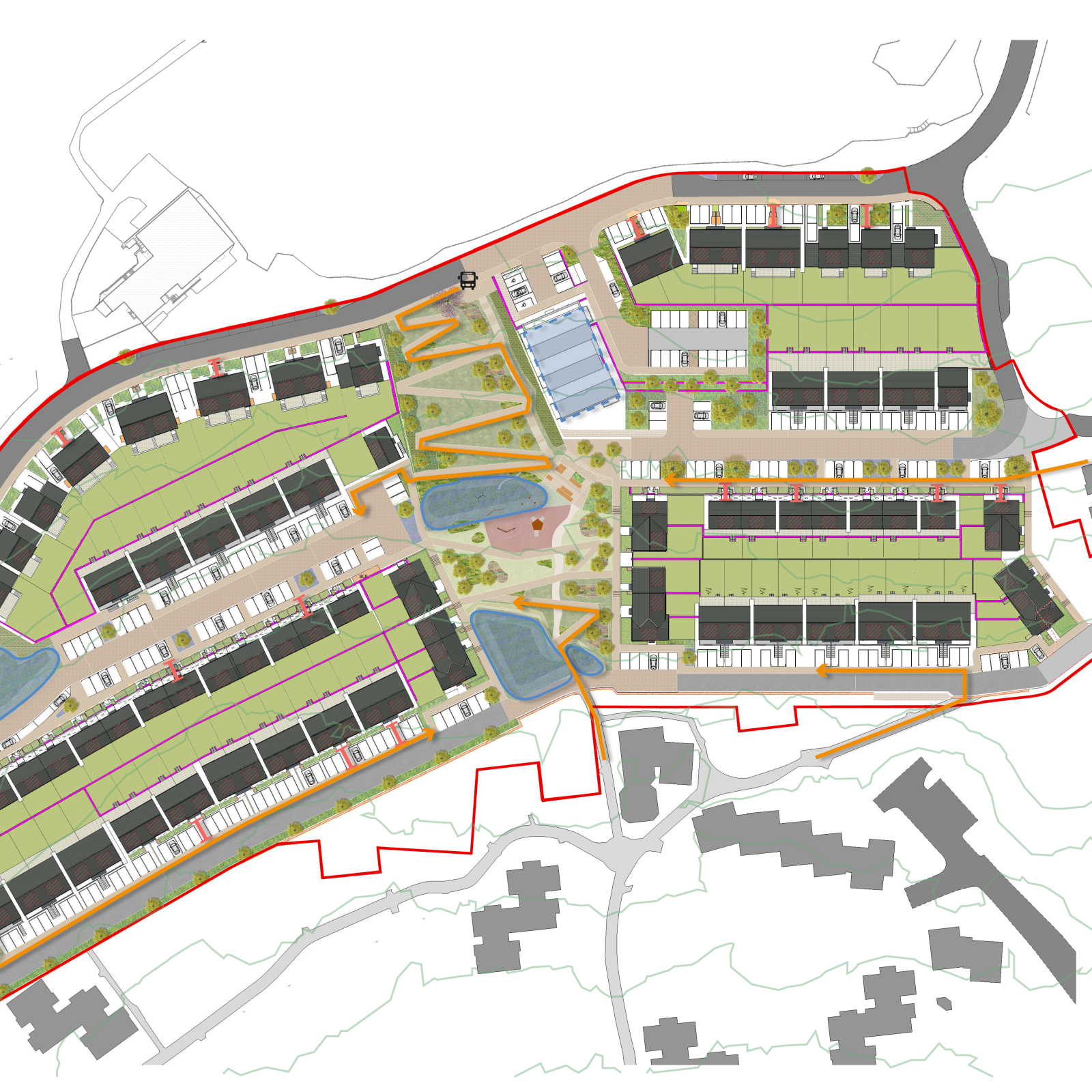 Trivallis Housing Landlord Wales A site plan of a residential development shows multiple rows of houses, green spaces, small ponds, internal roads, and parking areas, with an outlined boundary and adjacent existing buildings in gray.