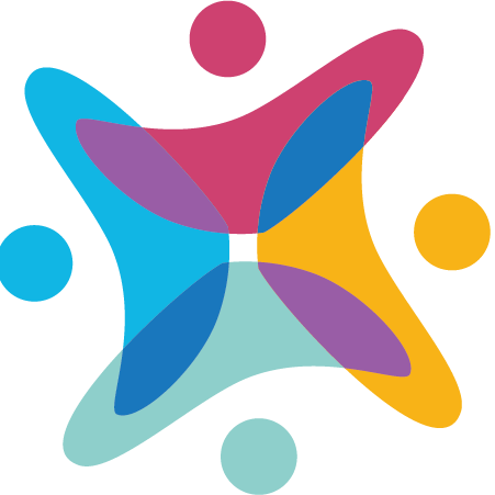 Trivallis Housing Landlord Wales Abstract logo with four intersecting shapes in blue, pink, yellow, and teal, forming a star-like figure, with a colored circle near each point. Shapes overlap in the center, creating a small white area.