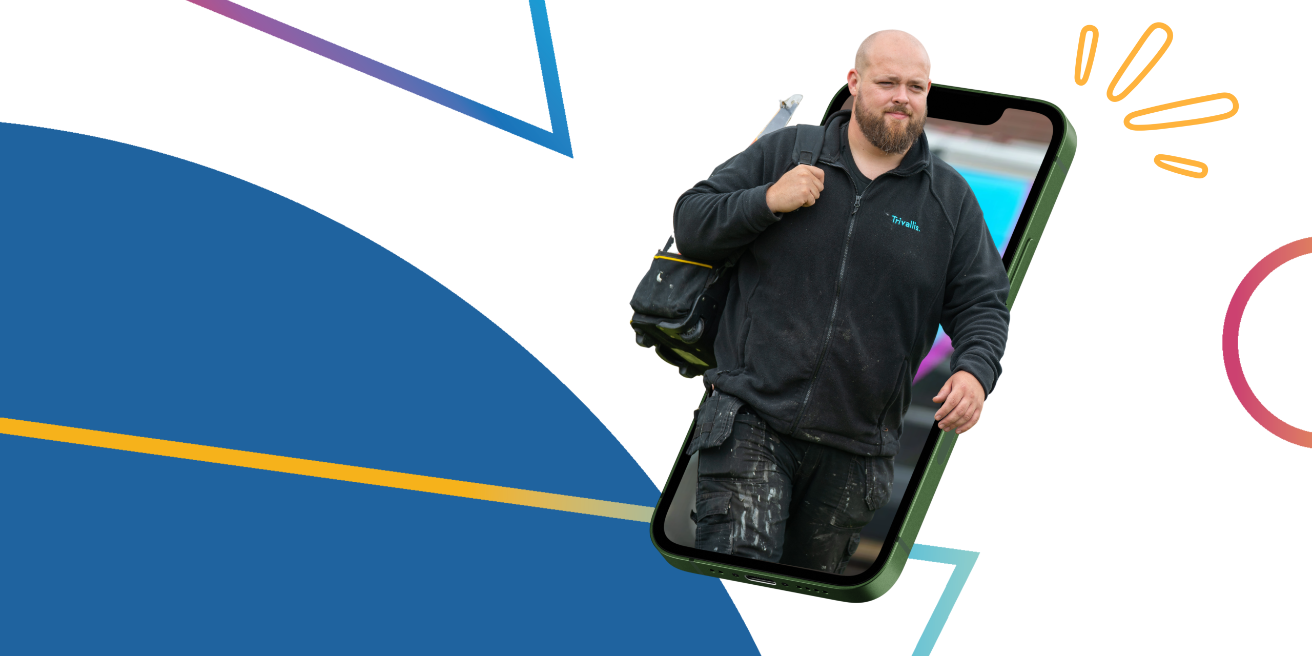Trivallis Housing Landlord Wales A man wearing work clothes and carrying a tool bag appears to walk out of a smartphone screen, with abstract geometric shapes in the background.