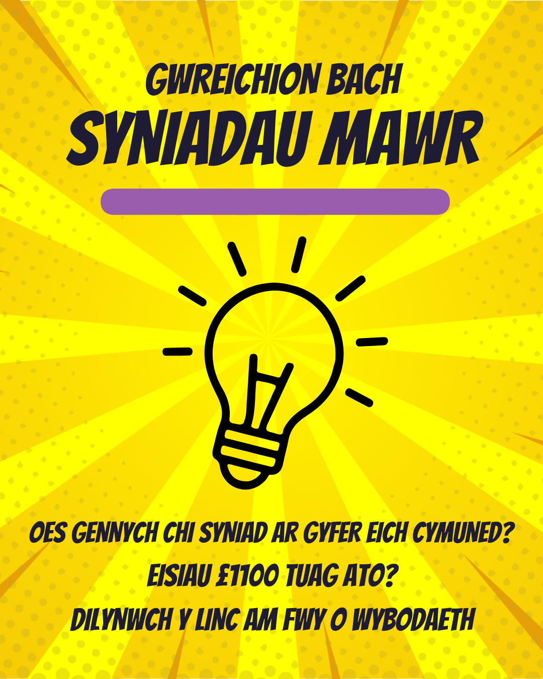 Trivallis Housing Landlord Wales A poster with a yellow burst background, a large lightbulb icon in the center, and Welsh text about funding of £1,100 for community ideas, inviting people to follow a link for more information.
