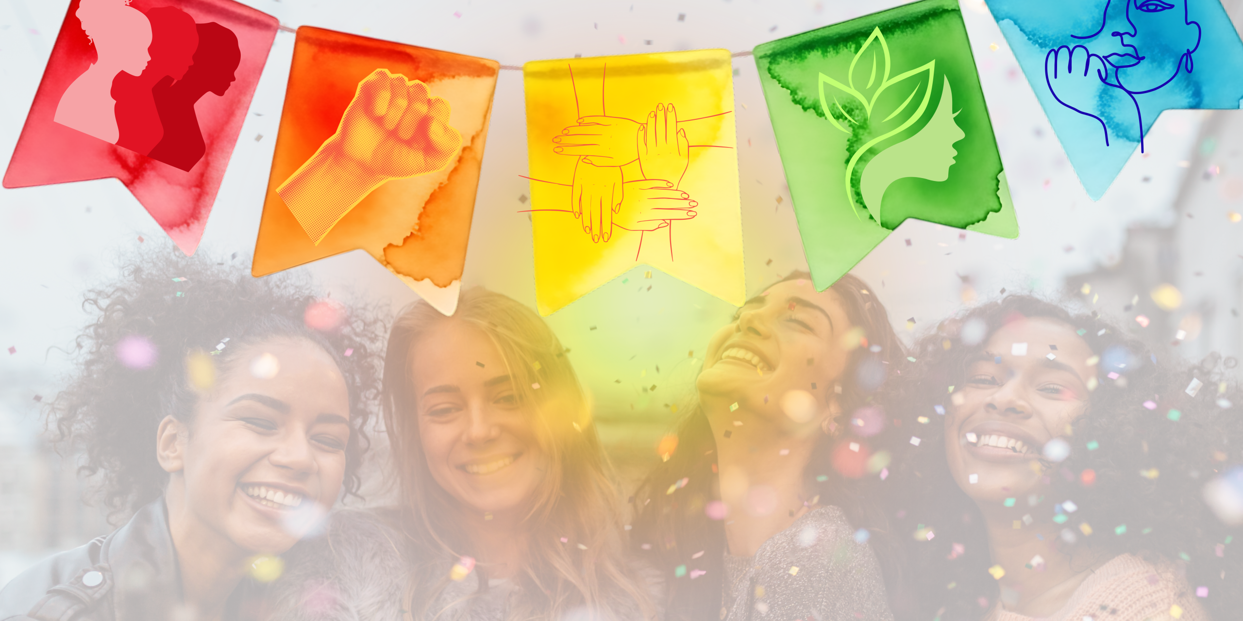 Trivallis Housing Landlord Wales Four women are smiling under colorful banners with symbols, including profiles, fists, hands joined, a leaf, and a face outline. Confetti is falling and the background has a light, festive atmosphere.