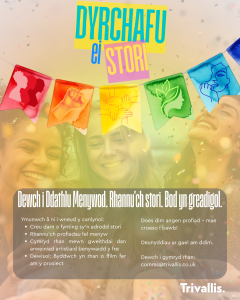 Trivallis Housing Landlord Wales A colorful poster with bunting and smiling women celebrating. The text, mostly in Welsh, invites women to share their stories as part of a creative project. The Trivallis logo is at the bottom.