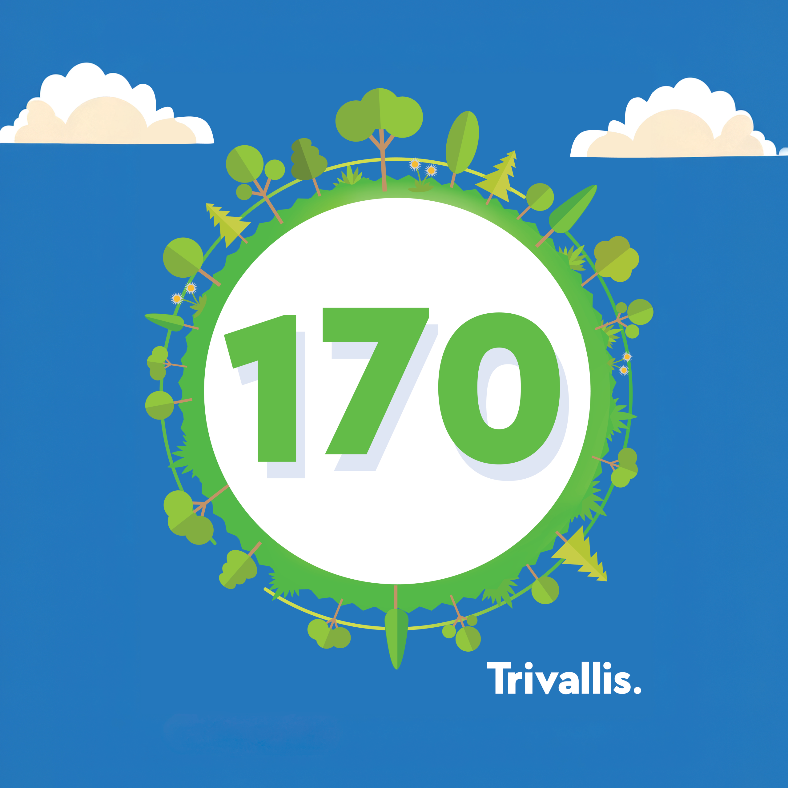 Trivallis Housing Landlord Wales A large white circle with the number 170 in green at the center, surrounded by green illustrations of trees and plants, set against a blue background with clouds. The word "Trivallis." appears at the bottom.