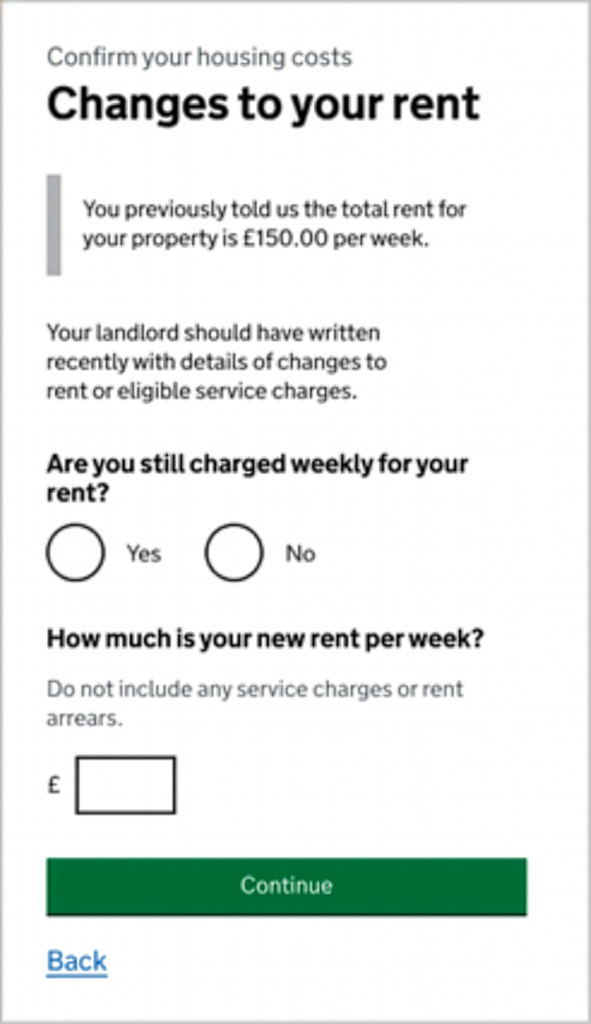 Trivallis Housing Landlord Wales A form titled "Changes to your rent" asks if you are still charged weekly for rent and the new weekly rent amount, with fields for yes/no selection and amount in pounds, plus Continue and Back buttons.