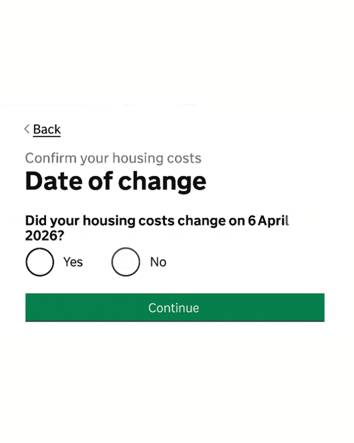 Trivallis Housing Landlord Wales A webpage asks, "Did your housing costs change on 6 April 2026?" with "Yes" and "No" radio buttons, and a green "Continue" button below. The page title is "Date of change.
