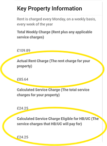 Trivallis Housing Landlord Wales A screenshot of a key property information section showing rent and service charges. The actual rent charge is £85.64, and the service charge eligible for HB/UC is £24.25. Both are highlighted with yellow ovals.