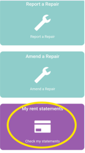 Trivallis Housing Landlord Wales A screenshot shows three buttons: "Report a Repair" with a wrench icon, "Amend a Repair" with a wrench and screwdriver icon, and "My rent statements" with a card icon circled in yellow.