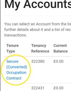 Trivallis Housing Landlord Wales Screenshot of an account summary page showing tenure type as "Secure (Converted) Occupation Contract," tenancy reference 322380, and a current balance of £0.00. The tenure type is circled in yellow.