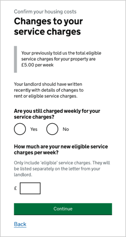 Trivallis Housing Landlord Wales A web page form asking about changes to weekly service charges, with Yes/No options, a text box for entering the new weekly charge in pounds, and buttons for Continue and Back.