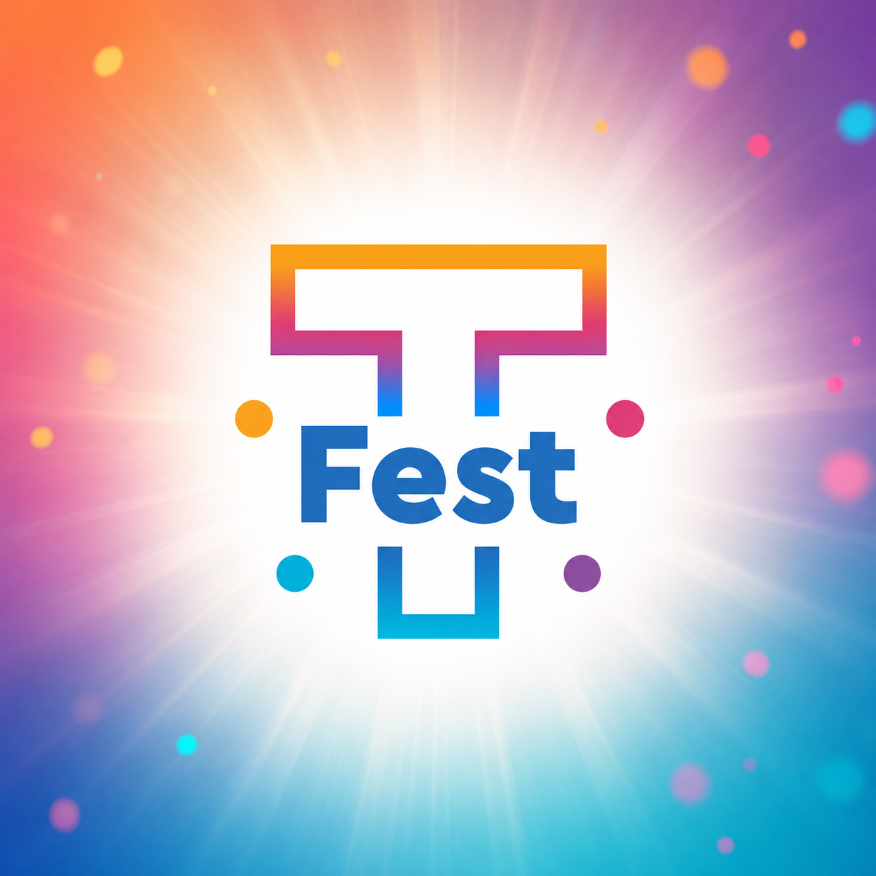 Trivallis Housing Landlord Wales A stylized "T" logo with the word "Fest" below it, surrounded by colored dots, appears in the center of a bright, radiant background with a gradient of blue, purple, orange, and pink hues.