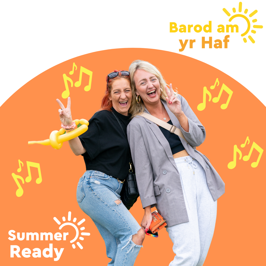 Trivallis Housing Landlord Wales Two women stand smiling and posing together against an orange background with musical note icons and sun illustrations. The text reads “Barod am yr Haf” and “Summer Ready.” One woman holds a yellow balloon and both appear cheerful.