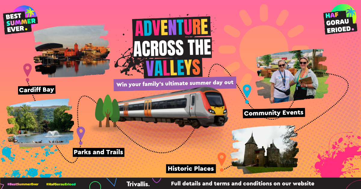 Trivallis Housing Landlord Wales A colorful promotional graphic for "Adventure Across the Valleys," featuring images of Cardiff Bay, parks, community events, a train, and a historic castle, with text and location markers on a bright background.
