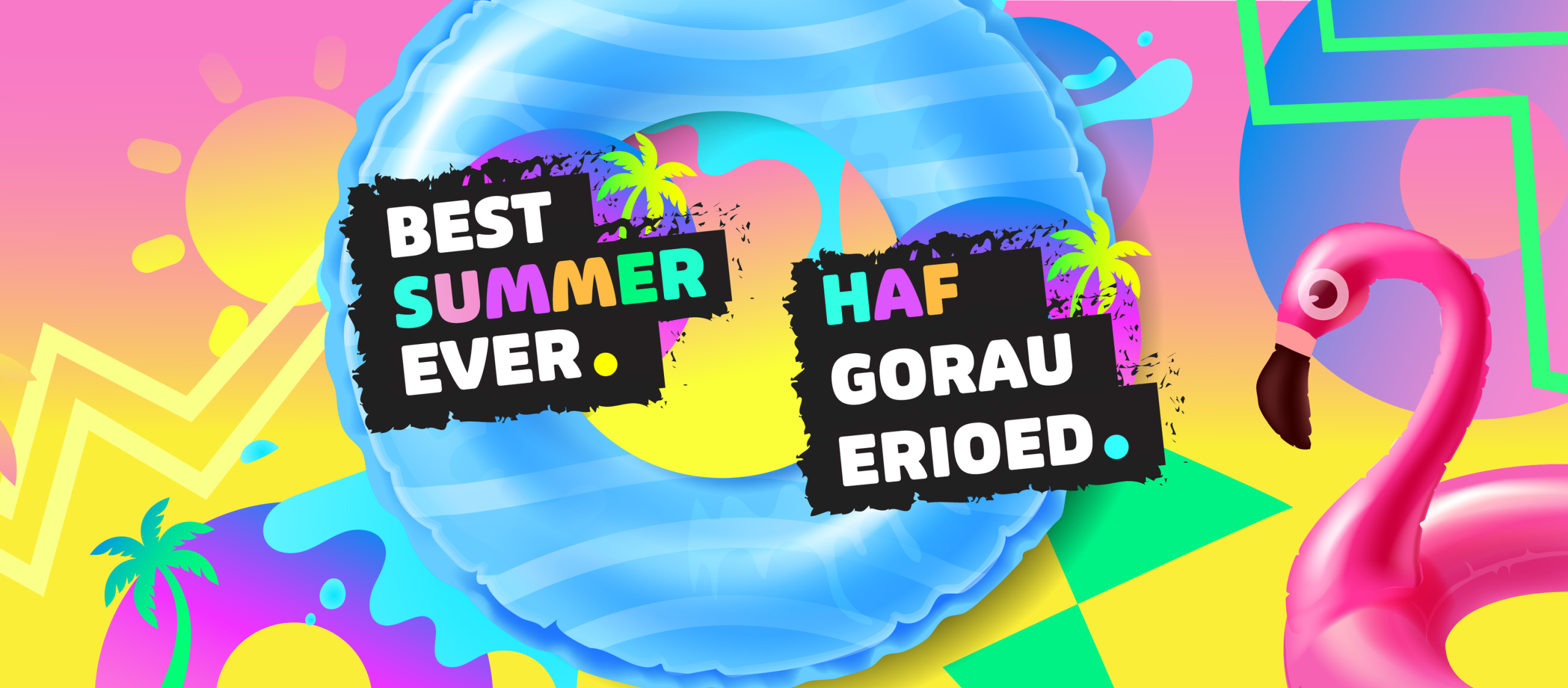Trivallis Housing Landlord Wales A colorful graphic with a blue pool float, palm trees, and a pink flamingo. Text reads: “Best Summer Ever” and “Haf Gorau Erioed.” The background is bright yellow, pink, and blue with abstract shapes.