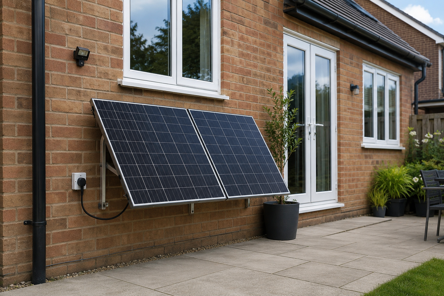 Trivallis Housing Landlord Wales Two solar panels are mounted on the exterior wall of a brick house next to large glass doors. The panels are connected with visible wiring, and potted plants and garden furniture are nearby on a paved area.