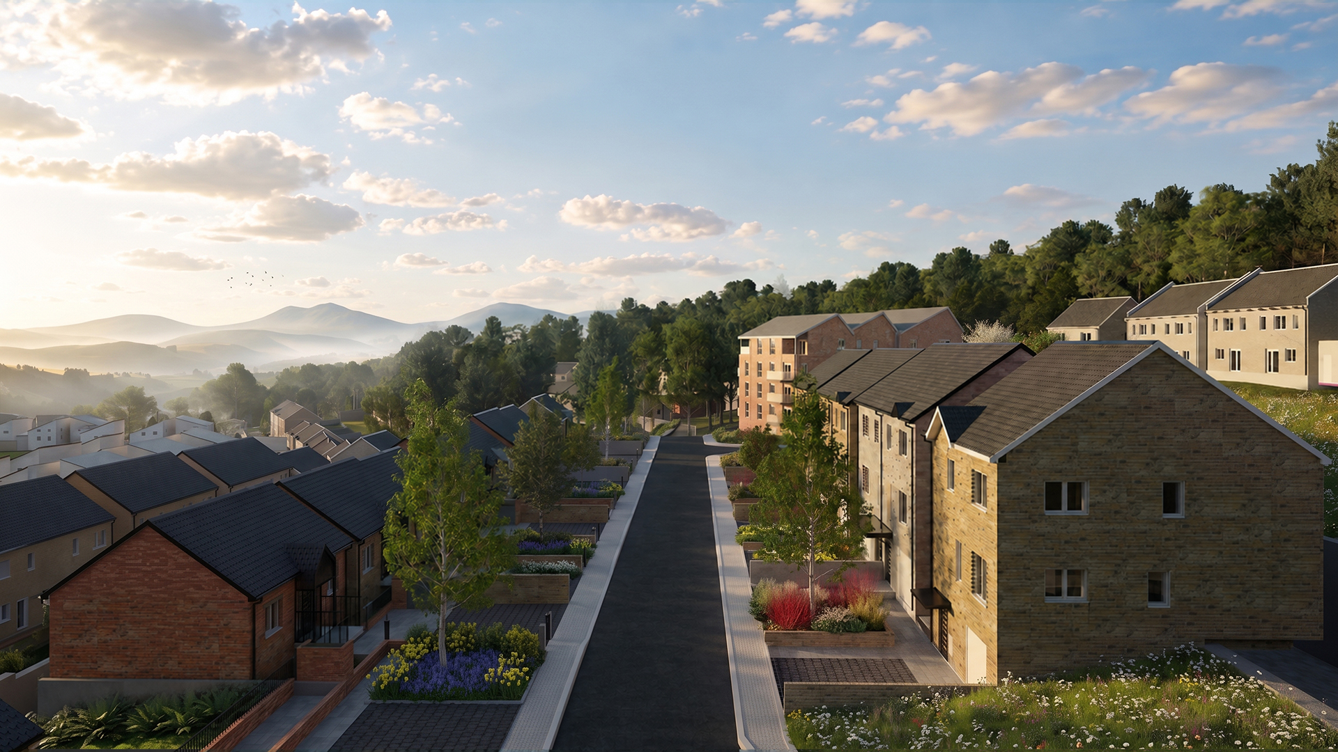 Trivallis Housing Landlord Wales A suburban residential development with rows of brick houses along a central street, with hills in the background.