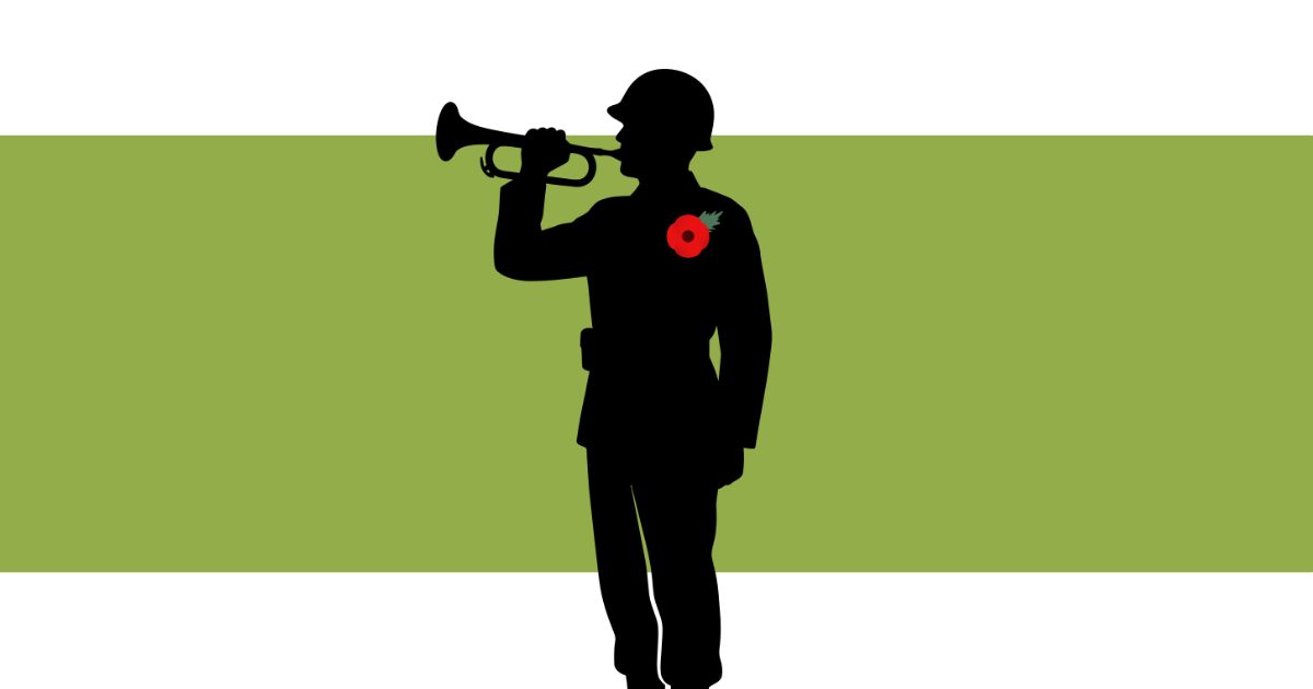Trivallis Housing Landlord Wales A black silhouette of a soldier in a helmet playing a bugle, featuring a red poppy pinned to their chest against a green horizontal band.